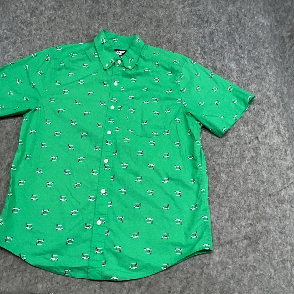Lands End Shirt Mens M Green Golf Cart Print Short Sleeve Button Traditional Fit